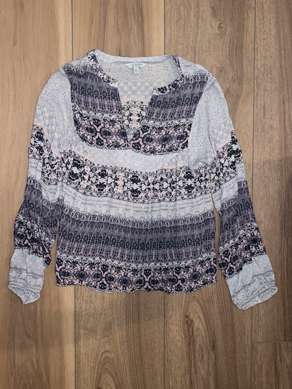 Lucky Brand - Boho Printed Long-Sleeve Peasant Top - White & Black